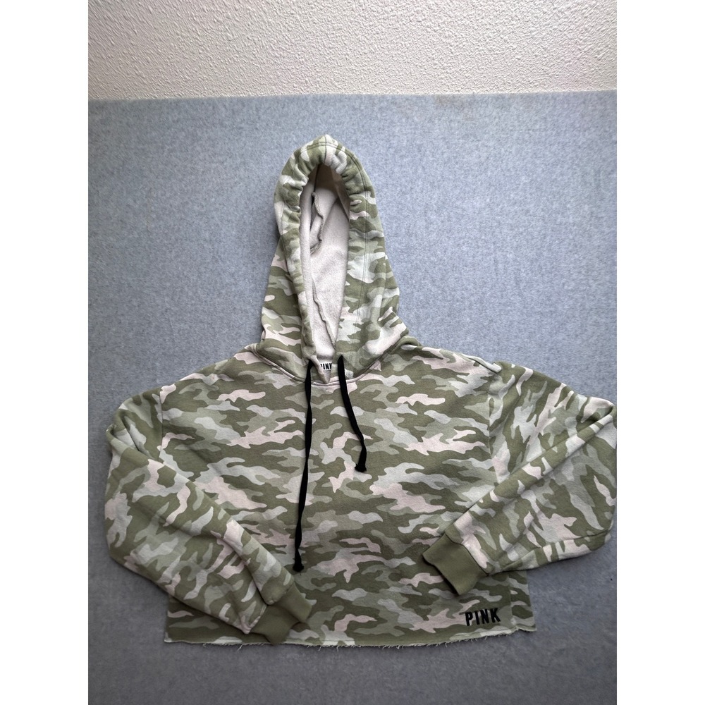 Victoria's Secret PINK Camo Cropped Hoodie Green Camouflage Pullover Large